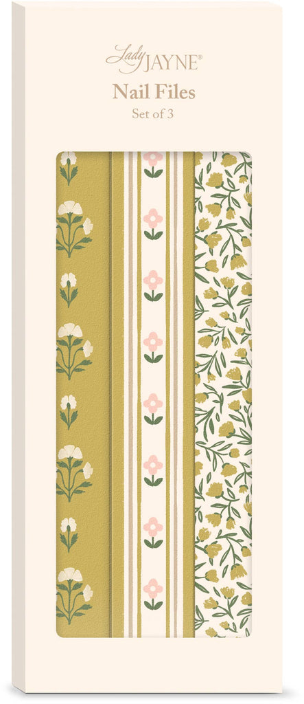 Packaging of Sally Jayne nail files with floral designs on a white background