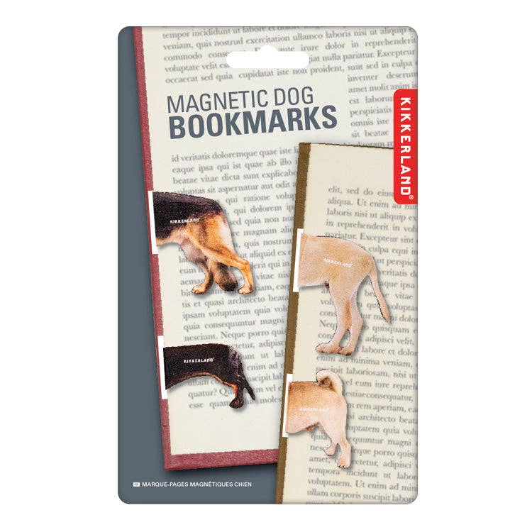 magnetic dog bookmarks with packaging on a book page background