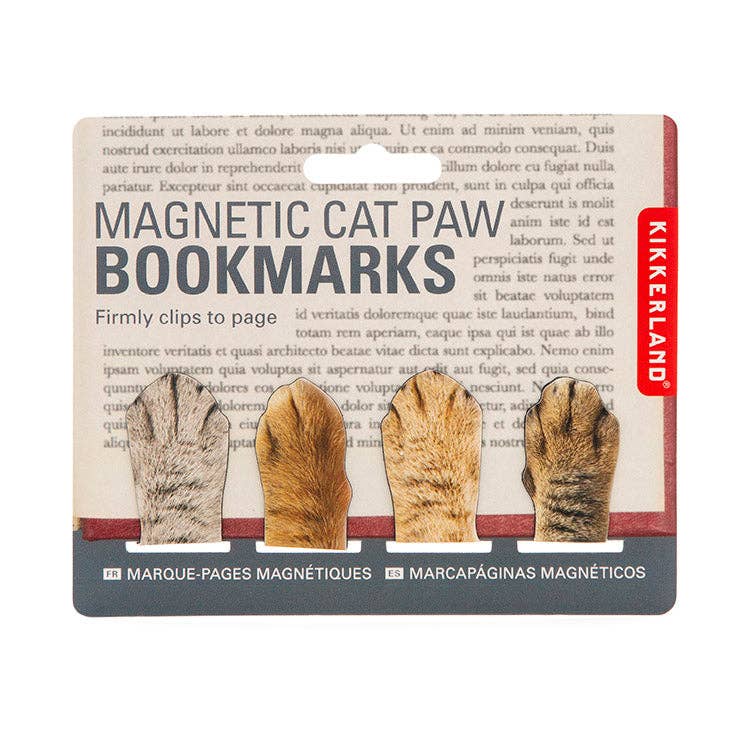 Packaging magnetic cat paw bookmarks with four paw illustrations on a book page background.